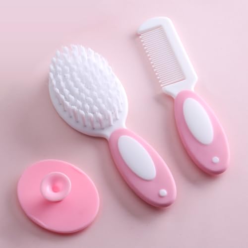 Baby Grooming Set，Baby Health Care Set Baby Brush Soft Bristles 3 Piece Baby Care Set Baby Hair Brush and Comb Set Baby Hair Brush Baby Comb Silicone Baby Cradle Cap Brush Set - color: 3pcs Pink