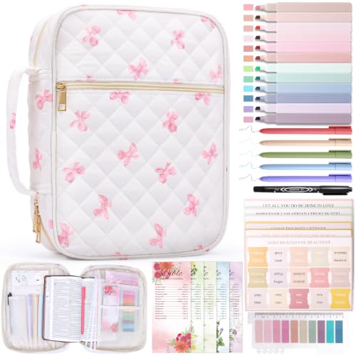 XKDOUS Bible Cover for Women Bible Bag Kit Church Book Holder Carrying Case - color: Red Bow