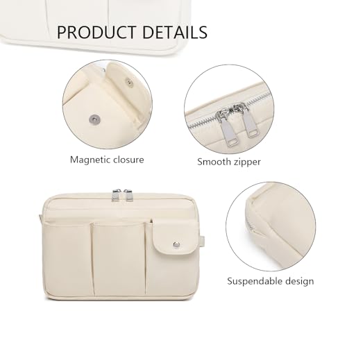 Pencil Holder Storage Bag for Women, Large Capacity Zippered Pencil Case with Multiple Pockets, Nylon Canvas Stationery Organizer for Office, Travel & Daily Use (Nylon,Creamy White) - color: Creamy White/Nylon