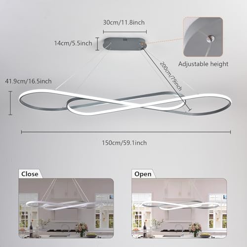 59.06in Large Dimmable LED Pendant Chandelier - color: Silver, size: 59.06in