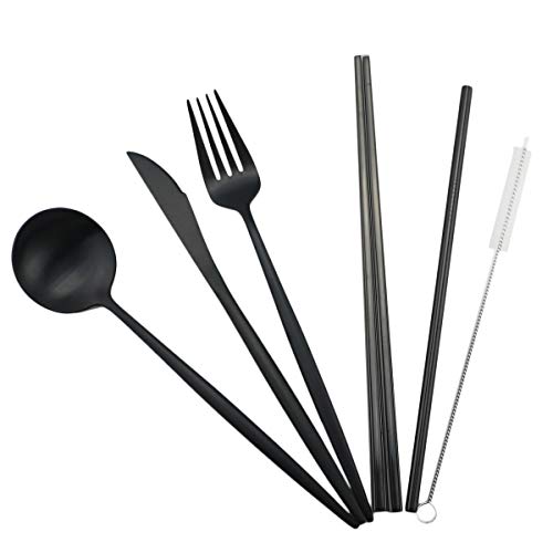Luxury Black Matte Portable 18/10 Stainless Steel Travel Flatware Sets of 7 Portable Camping Cutlery Set, Healthy & Eco-Friendly Flatware Set with Carrying Case for Travel or Camping - color: Black, size: Black Pouch