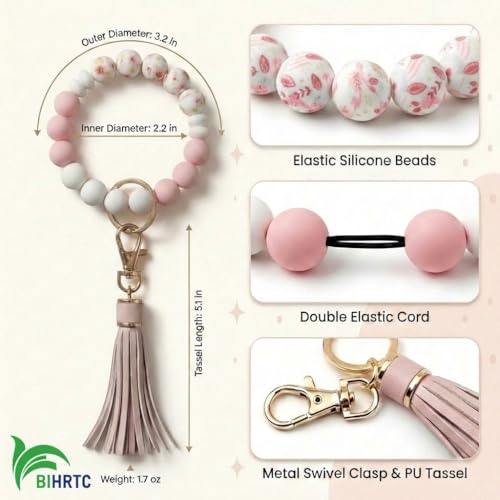 BIHRTC Key Ring Bracelet Car Keychain Holder Wristlet Silicone Women Beaded Bangle Chains - color: Pink Blue Floral