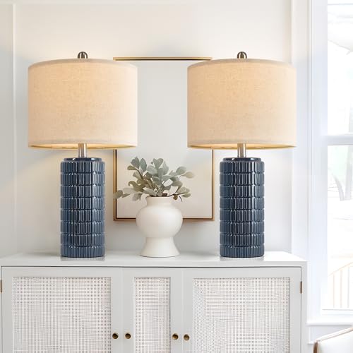 PoKat 23" Blue Table Lamps, Farmhouse Bedside Lamps for Bedroom Set of 2, Ceramic End Table Lamps for Living Room, Traditional Nightstand Desk Lamps, Medium - color: Dark Blue