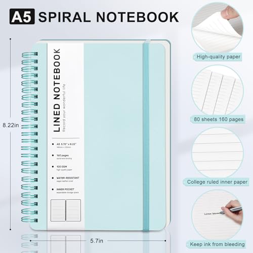 Lined Spiral Journal Notebook, A5 Hardcover Leather Notebook for Work, 5.7''×8.2'', 100GSM Thick Paper Spiral Bound Journaling Notebook for Women Men Office School Note Taking Business, Morandi Green - color: Morandi Green, size: A5