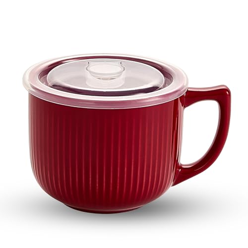 Ceramic Soup Bowl with Handle & Lid, 32oz Microwave Ramen Bowl Burgundy Red - color: Burgundy Red-32, size: 32 OZ