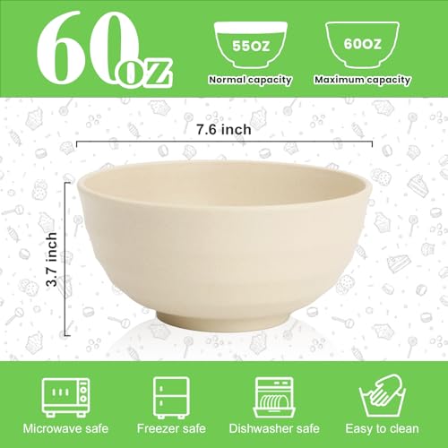 Large Wheat Straw Bowls Set of 6, 60 OZ Unbreakable Serving Bowls, Microwave Safe & Dishwasher Safe, Perfect for Salad, Fruit, Cereal, Soup, Ramen, Family Meals, Beige - color: Beige, size: 60 OZ