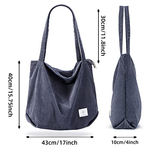 KALIDI Women Corduroy Tote Bag Zipper Casual Tote's Handbag Big Capacity Shoulder Bag with Pockets - color: Grey