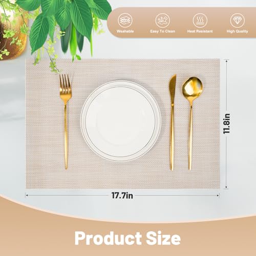 Placemats Set of 6，Non-Slip PVC Weave Table Mats Easy to Clean，Heat Resistant Place Mats for Kitchen Dining Table Decoration Indoor Outdoor，Beige White - color: Beige White
