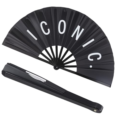 2 Pack Large Folding Hand Fan Men/Women Rave Fan, Chinese Kung Fu Tai Chi Hand Fan Black Vintage Foldable Hand Fans for Dancing, Festival, Gift, Home Decorations(Iconic & SLAY) - color: Iconic & SLAY