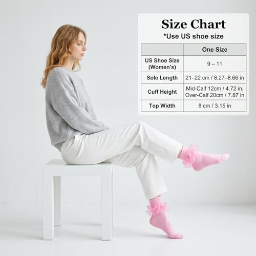 Big Ruffle Socks Women(Size 5-11) Turn Cuff Cotton Lace Frilly Socks - color: White,pink,light Pink,red, size: 9-11