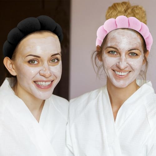 SPA Headbands for Washing Face Makeup Headbands with Bow Hair Band Women Facial Head Band Wrist Towel Wraps For Shower Face Mask Black Pink, 6 Pack - color: Black Pink
