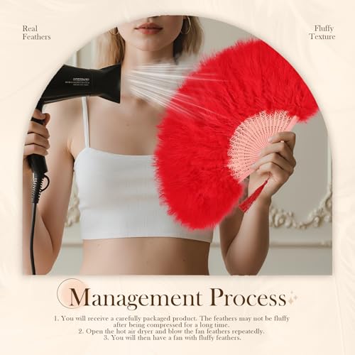 whitefeather Vintage Feather Hand Fan, 17.7 x 11.8 inches, Marabou Feathers, 1920s Style for Costume Parties, Tea Parties - color: Red