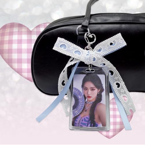 2 Pack K-pop Photocard Holder Keychain, Photo Card Holder with Ribbon Bow - color: Pink&blue
