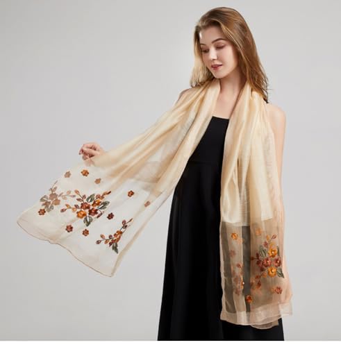 Jeelow Long Silk Blend Embroidered Floral Shawl Scarf Wrap for Women - color: Soft Beige