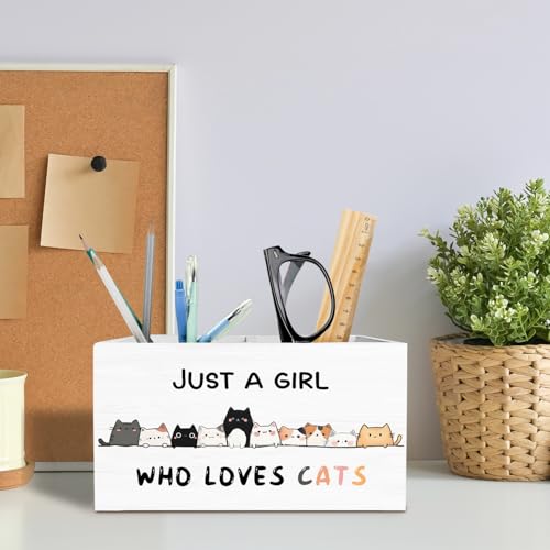 Funny Cat Pen Holder for Desk, Cat Lover Lady Mom Owner Gifts Pencil Organizer, Just a Girl Who Loves Cats Wooden Box Sign Desk Decor for Home Office Decoration - color: CAT