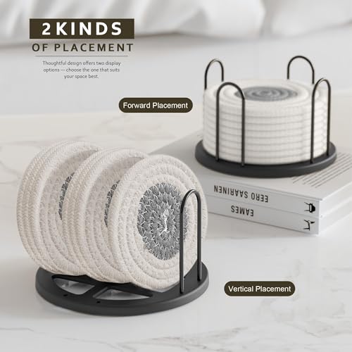 Lazebox Coasters Set of 8 for Drinks, 4 Inch Large Coasters for Coffee Table, Tabletop Protection for Hot & Cold Drinks, Versatile Coasters for Home Decor, Non-Slip & Easy to Clean, White with Grey - color: White With Grey