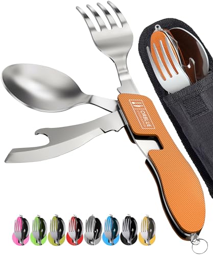 Orblue 4-in-1 Camping Eating Utensils, 2-Pack - Portable Spoon, Fork, Knife & Bottle Opener Combo Set - Stainless Steel Flatware with Detachable Fork - Travel, Backpacking Cutlery Multitool, Orange - color: 2-PACK Orangey Orange
