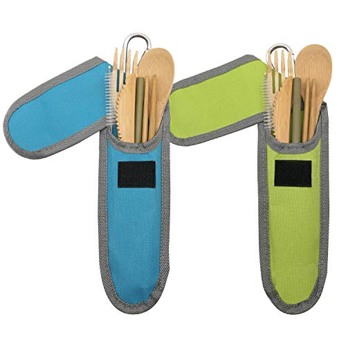 UPTRUST 2 Set Bamboo Cutlery Set Bamboo Travel Utensil Reusable Table cutlery Fork Knife Spoon Chopsticks Straw Cleaning Brush for Travel Picnic School Office（Skyblue& Green） - color: Skyblue& Green