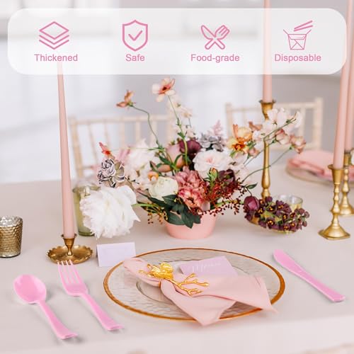 Kochorie 300 Pieces Light Pink Plastic Silverware with Spoons Forks Knives - color: Light Pink