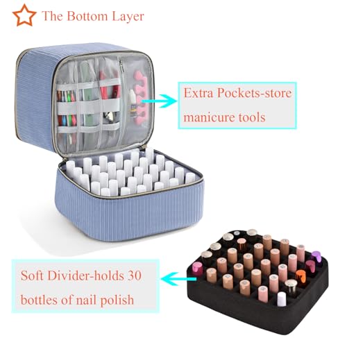 CTWWFS Corduroy Nail Polish Organizer and Nail Lamp Case, Nail Kit Organizer Holds 30 Bottles (15ml - 0.5 fl.oz) and a Nail Lamp, Nail Polish Carrying Case with Manicure Tools Storage Sections (Blue) - color: Blue