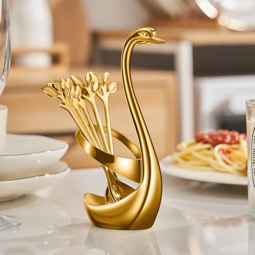 AnSaw Gold Swan Base Holder Set with 10 Pcs 4.7" Mini Leaf Spoons & Forks - color: Gold Swan
