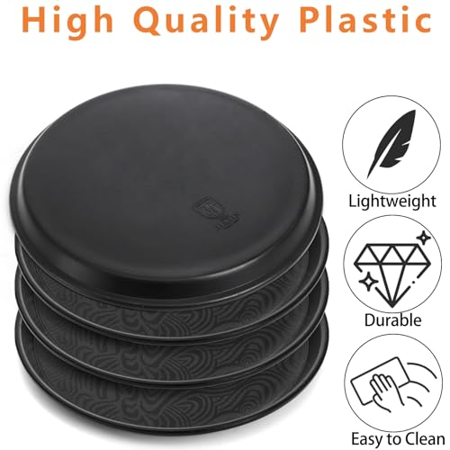 Hacaroa 4 Pack Round Restaurant Serving Trays, 11.5 Inch Plastic Food Service Trays Non-Skid Food Platter for Cafeteria, Bar, Coffee Shop, Hotel, Tailed Lines, Black