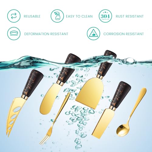 Marble Gold and Black Cheese Knife Set, Ceramic Handle Charcuterie Board Accessories Butter Spreader Cheese Slicer Knife With Serving Tongs, Spoons, Forks, Flags Cheese Markers, Wooden Honey Dipper - color: Marble Black