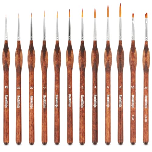 Detail Paint Brush Set, Rock Ninja 12pcs Thin Brushes for Fine Detailing & Art Painting - Acrylic,Watercolor, Oil Miniatures, Scale Models, Airplane Kits, Nail, Line Drawing - color: Brown