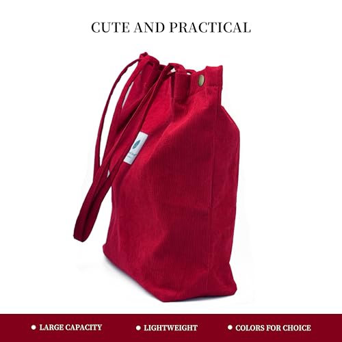 Corduroy Tote Bag Cute Tote Bags for Women Shoulder Bag with Inner Pocket for Work Beach Travel and Shopping Grocery - style: Red