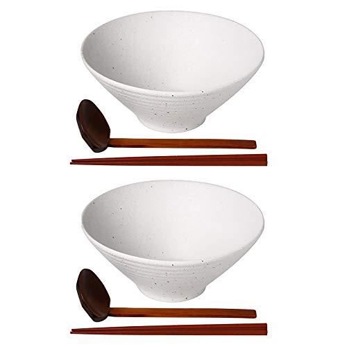 Kanwone Ceramic Japanese Ramen Bowl Set, Noodle Soup Bowls - 60 Ounce, with Matching Spoons and Chopsticks for Udon Soba Pho Asian Noodles, Set of 2, White - color: White, size: 9 Inch