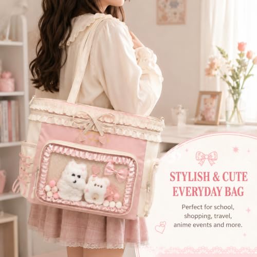 Kawaii Ita Bag with Ruffle Trim, Cute Color Block Crossbody Bag, Pin Display Shoulder Bag with Insert Y2k Style - color: Beige / Pink