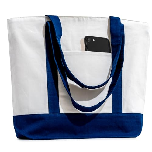 Carrywell (Not Made In China) Canvas Tote Bag With Front Pocket, 15"x 21", Reusable Grocery Shopping Bags, Top Zipper Closure - color: White W/Navy Trim