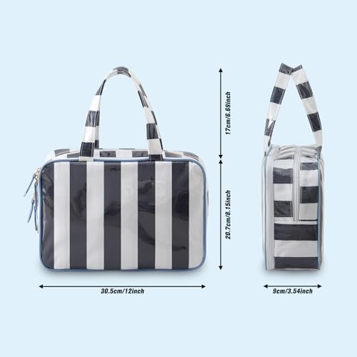 Toiletry Bag for Women, White and Navy Stripe - color: White-Navy