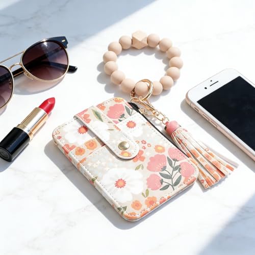 Flower Keychain Wristlet Wallet for Women, Cute Silicone Beaded Credit Card Holder Key Ring Bracelet Wallet - color: C-khaki