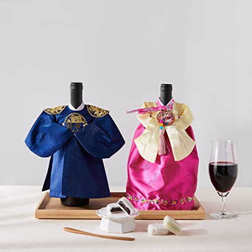 Korean Traditional Clothes HANBOK Wine Bottle Cover Housewarming Gifts,First New Home House Homeowner Gifts (King-navy)