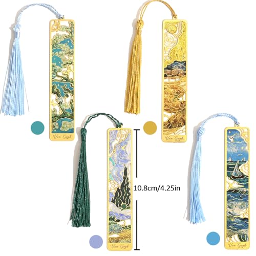 4 Pieces Metal Bookmarks with Tassel, Golden Hollow Bookmark Oil Painting Theme Book Mark Bookmarks for Book Lovers Writers Readers Children Teens for Women Adults Teen - style: 4Pcs Scenery
