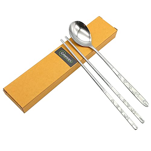GARASANI Korean Traditional Cutlery Stainless Steel Spoons and Chopsticks Set (Silver Petal) - color: Silver Petal
