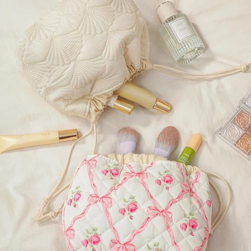 RSRSLEII Quilted Cotton Seashell Drawstring Makeup Bag, Toiletry Bag, White - color: Drawstring White