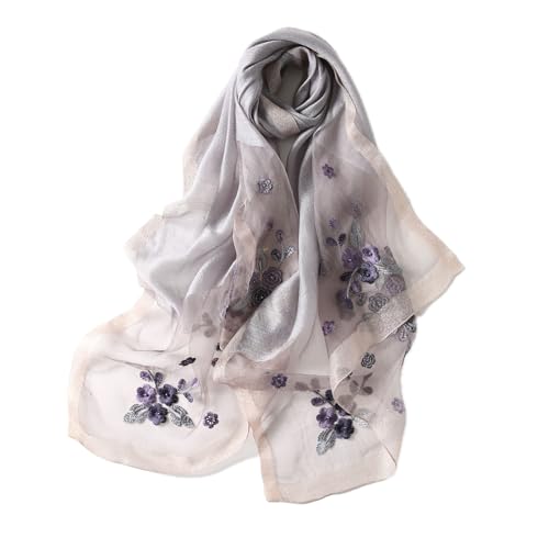 Jeelow Long Silk Blend Embroidered Floral Shawl Scarf Wrap for Women - color: Dusty Grey