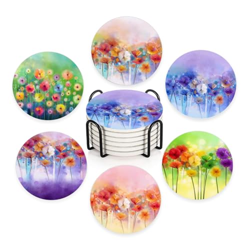 Nikyi 6 Pcs Watercolor Floral Ceramic Drink Coasters, Absorbent Round Coaster with Cork Backing & Metal Holder, Abstract Flower Coasters Perfect for Coffee Table Office Home Decor & Housewarming Gift - color: Watercolor Floral