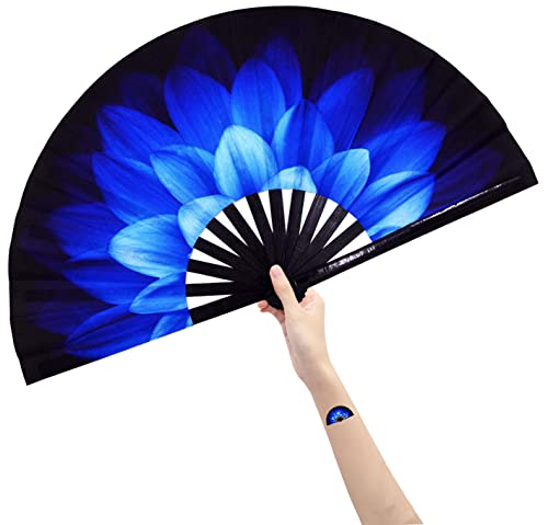 Large Folding Hand Fan Rave Fans, Blue Flowers - color: Blue Flowers