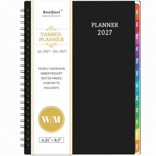 2027 Planner - 2027 Planner Weekly and Monthly, Jan 2027 - Dec 2027, 2027 Calendar Planner with Colorful Tabs, 6.25" × 8.3", Strong Twin-Wire Binding, Back Pocket, Holidays - color: Black