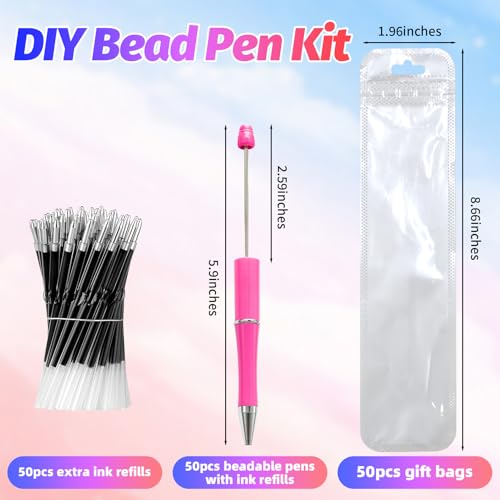 300 Pieces DIY Beadable Pen Kit – 100 Plastic Ballpoint Pens with Refills & Bags – School Supplies, Office Accessories & Decorative Items for Students & Teachers (Rose Red) - color: Rose Red, size: 100