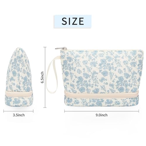 Small Makeup Bag 2 Layers Travel Cosmetic Bag with Makeup Brush Compartment - color: 02-blue flower