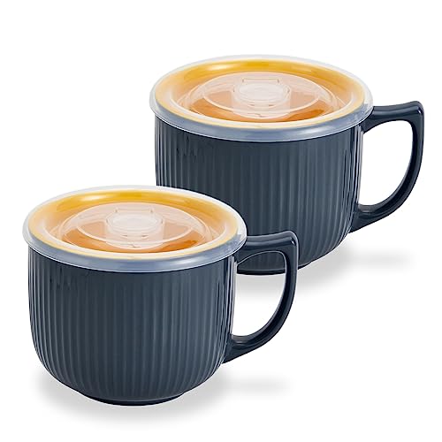 Ceramic Soup Bowl with Handle & Lid, 32oz Microwave Ramen Bowl Set of 2 - color: Gray/Yellow 2 pcs-32, size: 32 OZ