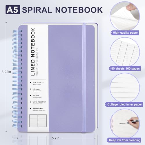 Lined Spiral Notebook for Women, A5 College Ruled Leather Spiral Journals - color: Purple, size: A5
