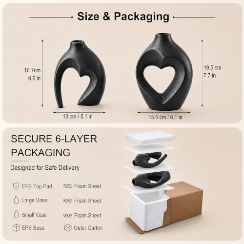 Modern Ceramic Flower Vases Home Decor Heart Shaped Vase Set of 2 Black - color: Black