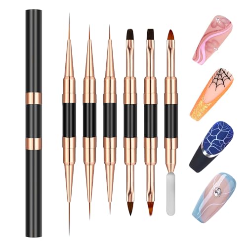 Double-Ended Acrylic Nail Art Liner Brushes, 6Pcs Gel Polish Nail Art Design Pen Painting Tools Set For Nails, Dotting Drawing Tool Polygel Brush for Long Lines, Thin Details, Fine Drawing (Black) - color: Black