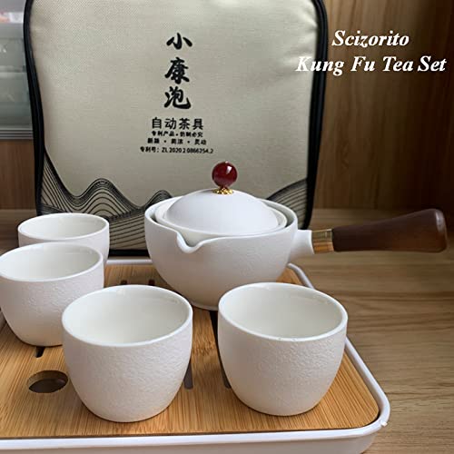 Ceramic Portable Travel Tea Set, Chinese Kungfu Tea Set with 360 Rotation Teapot and Infuser, 4 Tea Cups, Tea Tray And Travel Bag (Pure White) - color: Pure White
