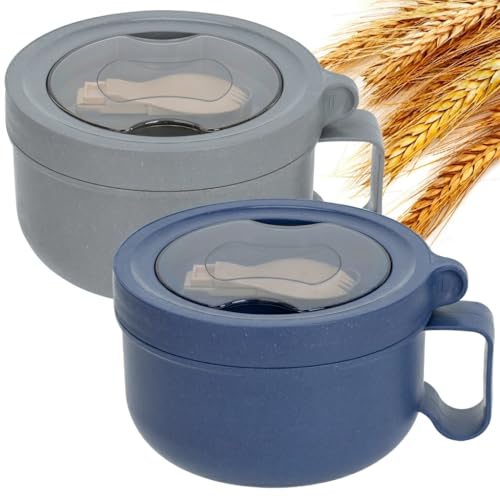2 Pack Soup Bowl with Handles, Microwave Ramen Bowl with Lid for Soup and Instant Noodles,Oatmeal, Gumbo, Salad,BPA Free - color: Sapphire Blue，Rock Grey